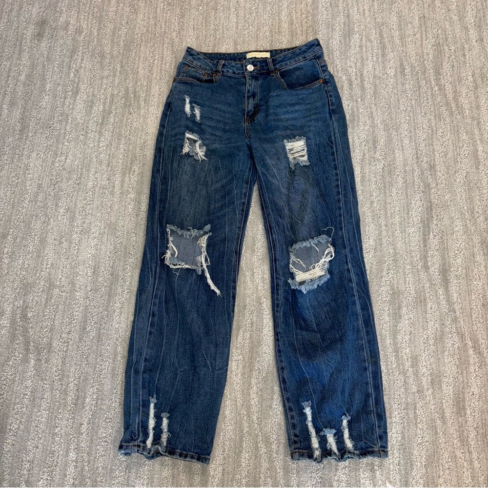 Madden Girl Women’s Dark Wash Distressed Baggy Boyfriend Jeans Size 28
